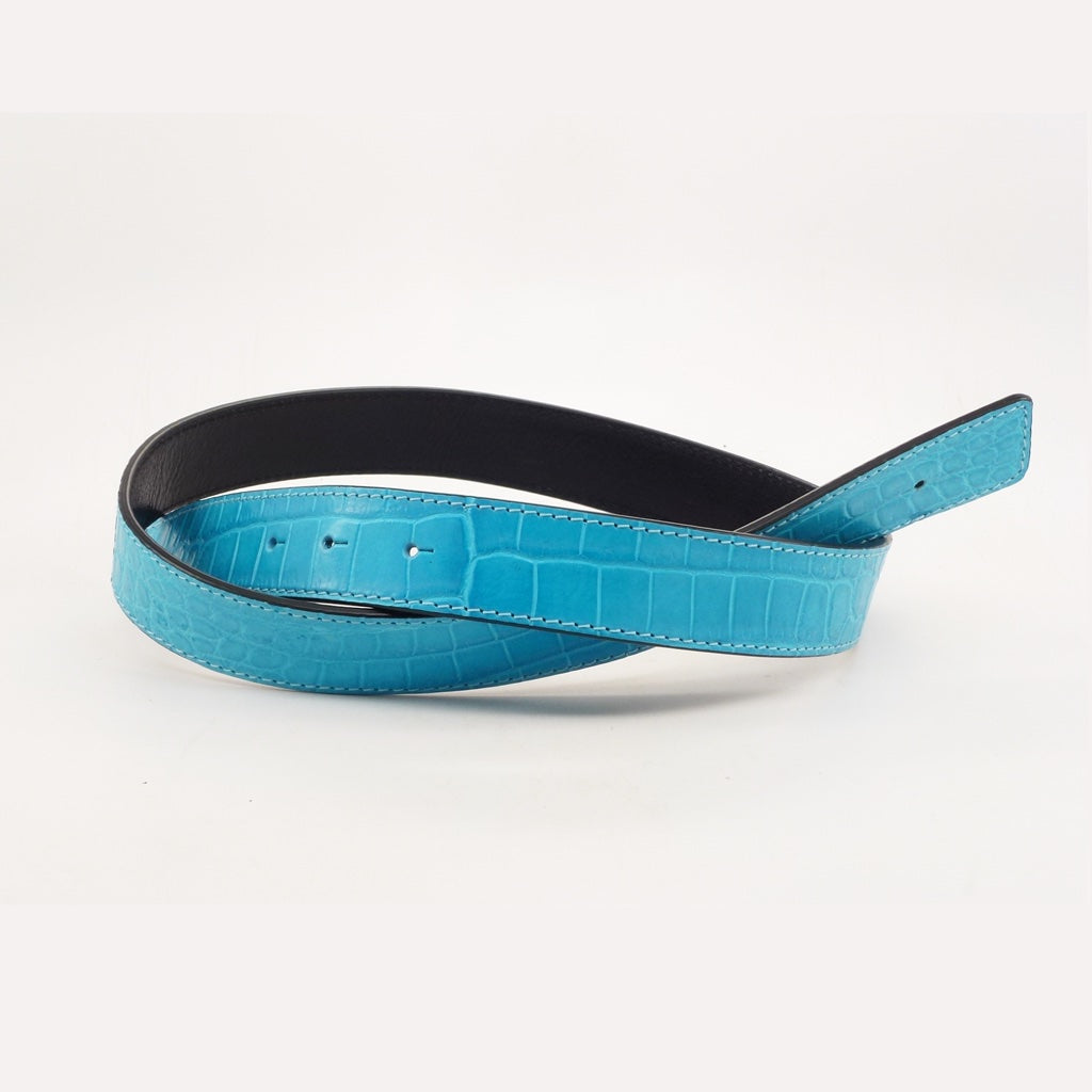 H. Perle Reversible Strap   - Aqua Alligator / Black Calf - 32mm Width